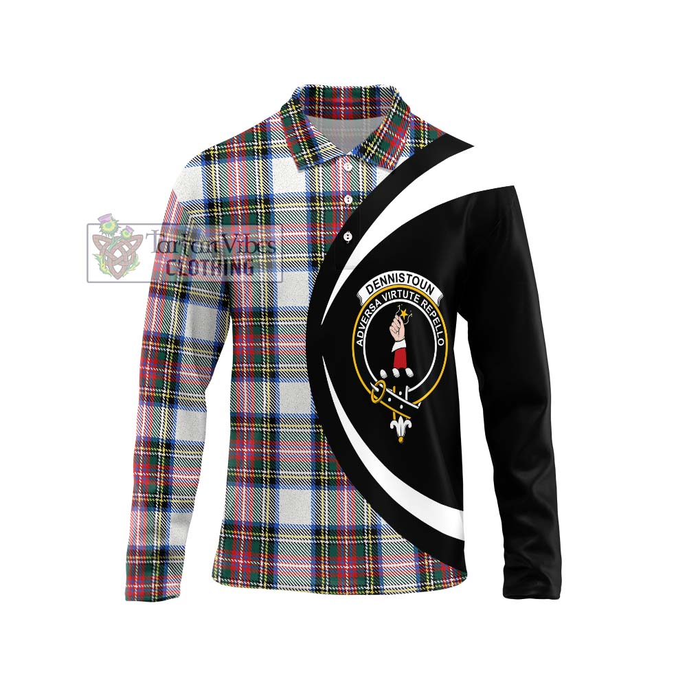 Dennistoun Tartan Long Sleeve Polo Shirt with Family Crest Circle Style Unisex - Tartan Vibes Clothing