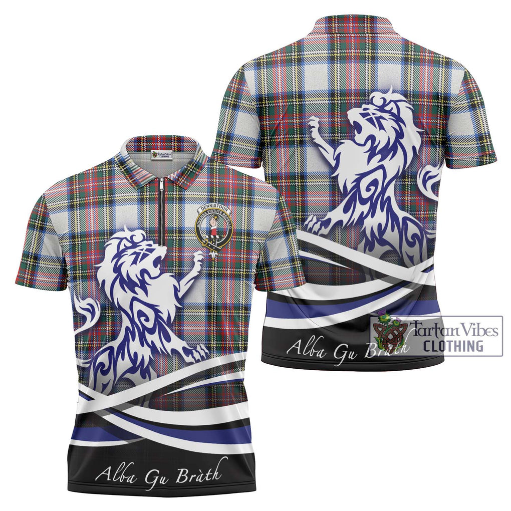 Dennistoun Tartan Zipper Polo Shirt with Alba Gu Brath Regal Lion Emblem Unisex - Tartanvibesclothing Shop