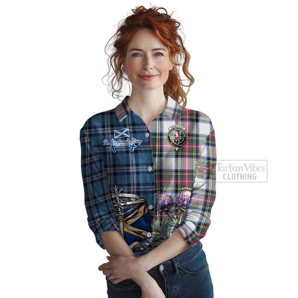 Tartan Vibes Clothing Dennistoun Tartan Women's Casual Shirt Happy St. Andrew's Day Half Tartan Style