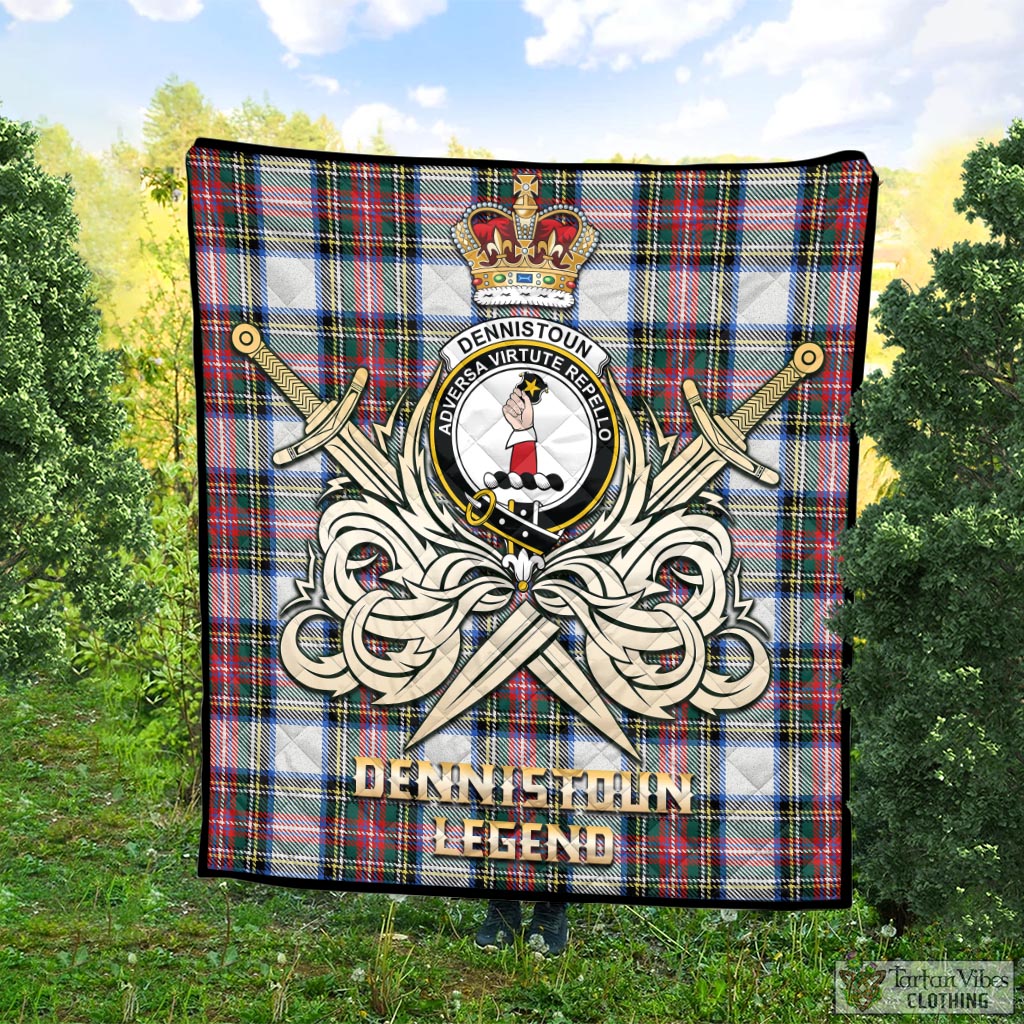 Tartan Vibes Clothing Dennistoun Tartan Quilt with Clan Crest and the Golden Sword of Courageous Legacy