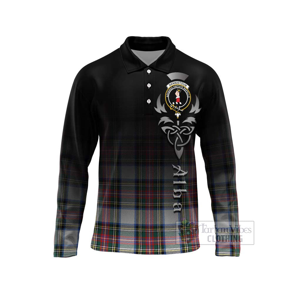 Tartan Vibes Clothing Dennistoun Tartan Long Sleeve Polo Shirt Featuring Alba Gu Brath Family Crest Celtic Inspired