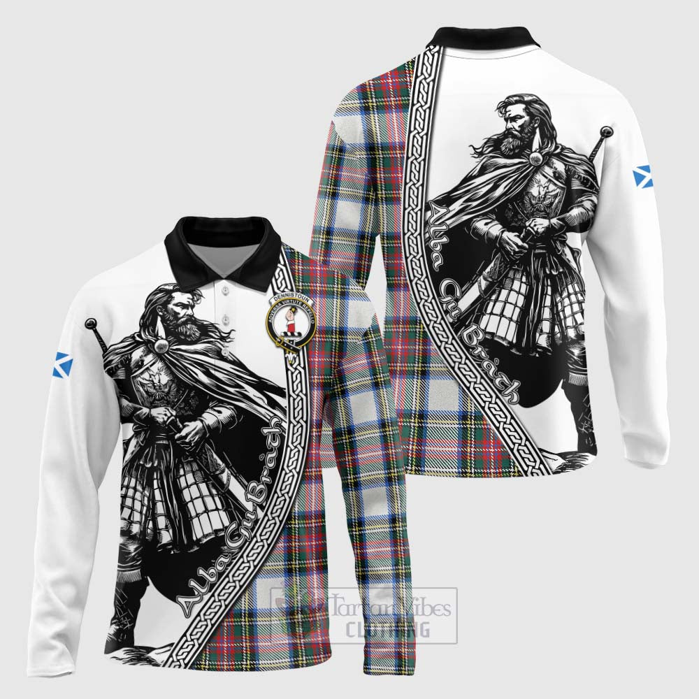 Tartan Vibes Clothing Dennistoun Tartan Clan Crest Long Sleeve Polo Shirt with Highlander Warrior Celtic Style