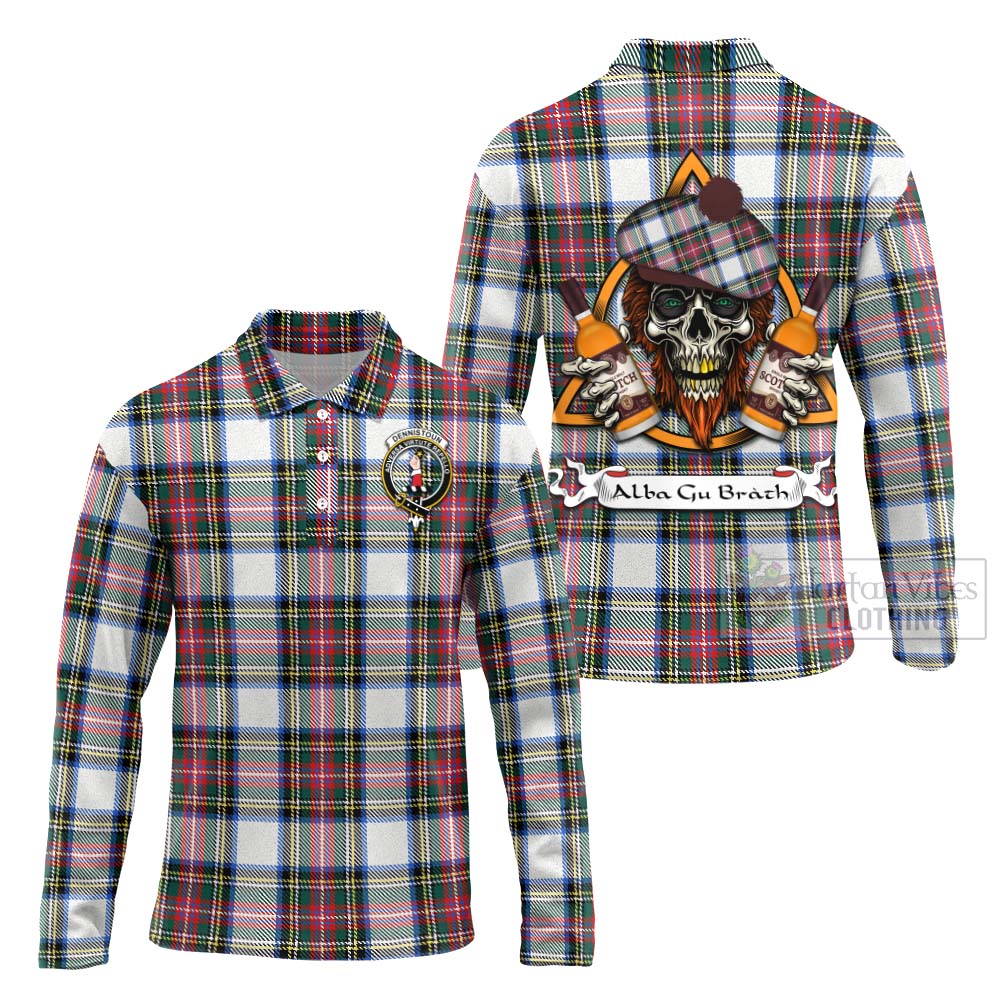 Tartan Vibes Clothing Dennistoun Tartan Long Sleeve Polo Shirt with Family Crest and Bearded Skull Holding Bottles of Whiskey