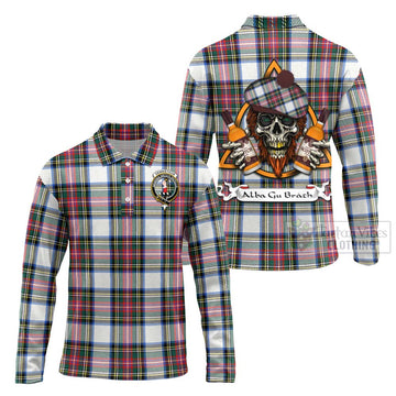 Dennistoun Tartan Long Sleeve Polo Shirt with Family Crest and Bearded Skull Holding Bottles of Whiskey