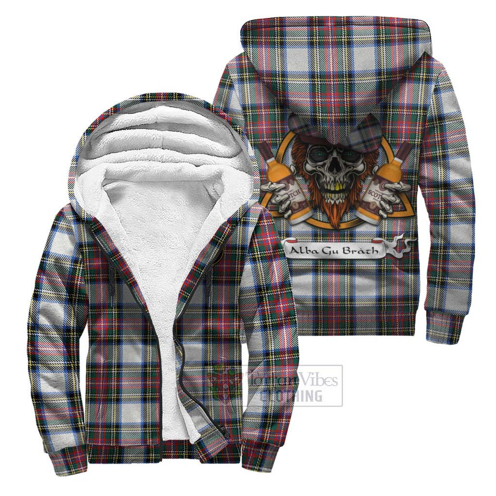 Tartan Vibes Clothing Dennistoun Tartan Sherpa Hoodie with Family Crest and Bearded Skull Holding Bottles of Whiskey