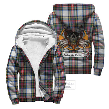 Dennistoun Tartan Sherpa Hoodie with Family Crest and Bearded Skull Holding Bottles of Whiskey