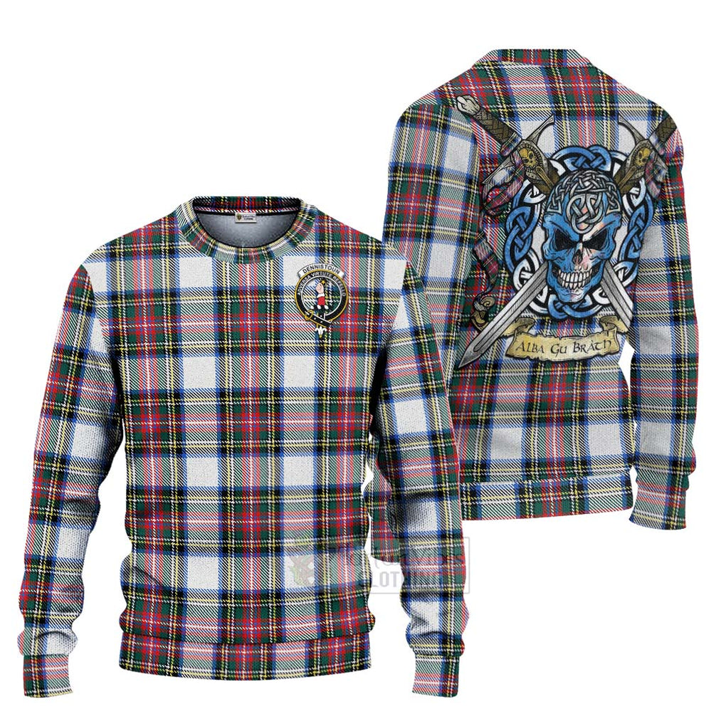 Tartan Vibes Clothing Dennistoun Tartan Knitted Sweater with Family Crest Celtic Skull Style