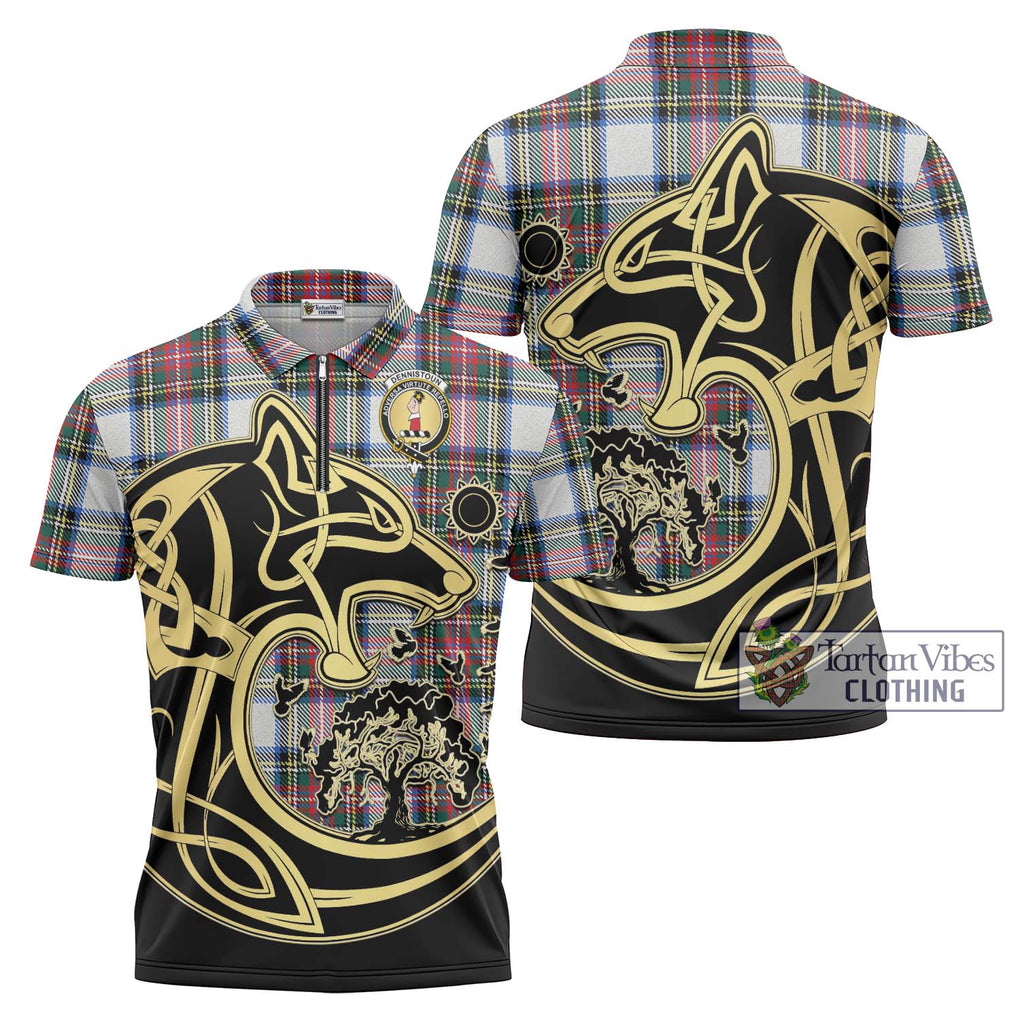 Dennistoun Tartan Zipper Polo Shirt with Family Crest Celtic Wolf Style Unisex - Tartanvibesclothing Shop