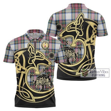 Dennistoun Tartan Zipper Polo Shirt with Family Crest Celtic Wolf Style