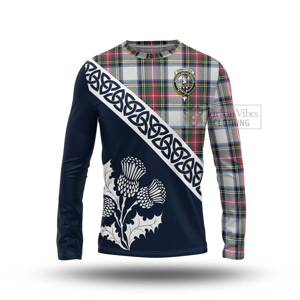 Tartan Vibes Clothing Dennistoun Tartan Long Sleeve T-Shirt Featuring Thistle and Scotland Map