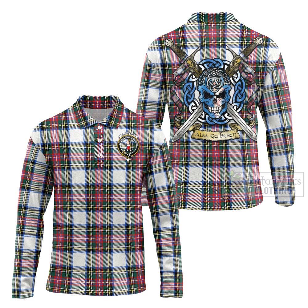 Tartan Vibes Clothing Dennistoun Tartan Long Sleeve Polo Shirt with Family Crest Celtic Skull Style