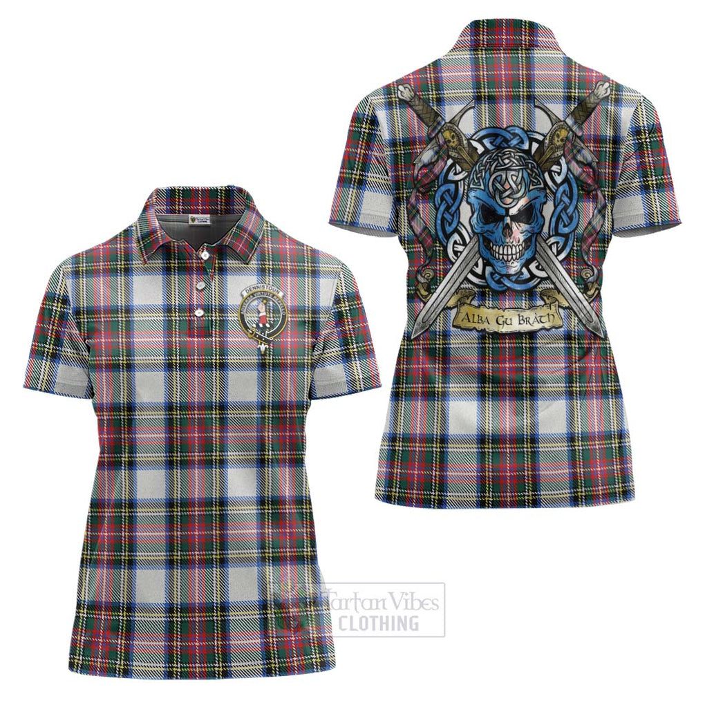 Tartan Vibes Clothing Dennistoun Tartan Women's Polo Shirt with Family Crest Celtic Skull Style