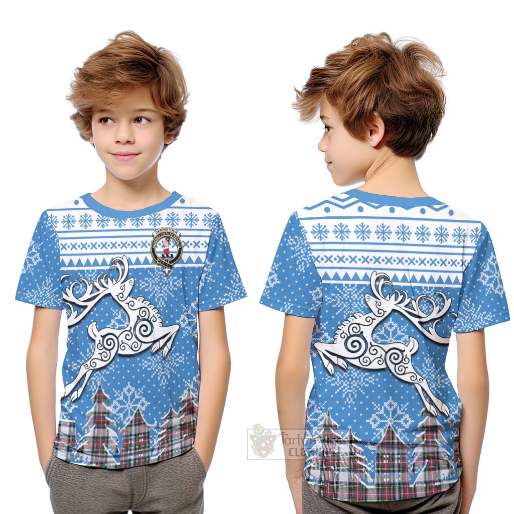 Tartan Vibes Clothing Dennistoun Clan Christmas Kid T-Shirt Celtic Reindeer Style