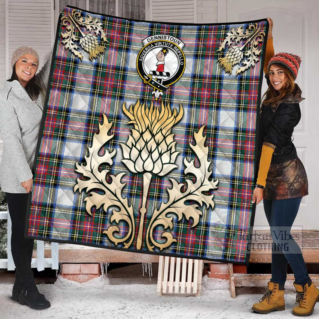 Tartan Vibes Clothing Dennistoun Tartan Quilt with Family Crest and Golden Thistle Style