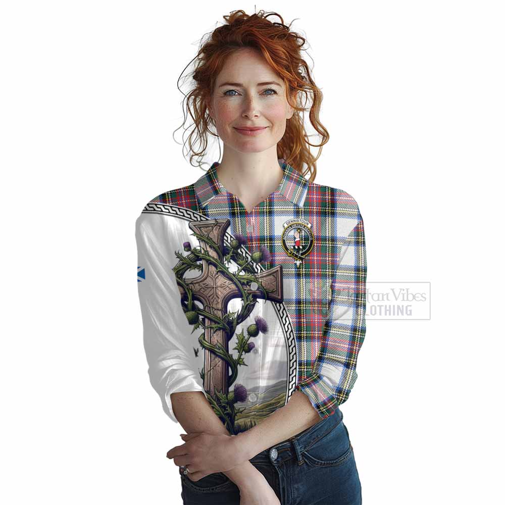 Tartan Vibes Clothing Dennistoun Tartan Women's Casual Shirt with Family Crest and St. Andrew's Cross Accented by Thistle Vines