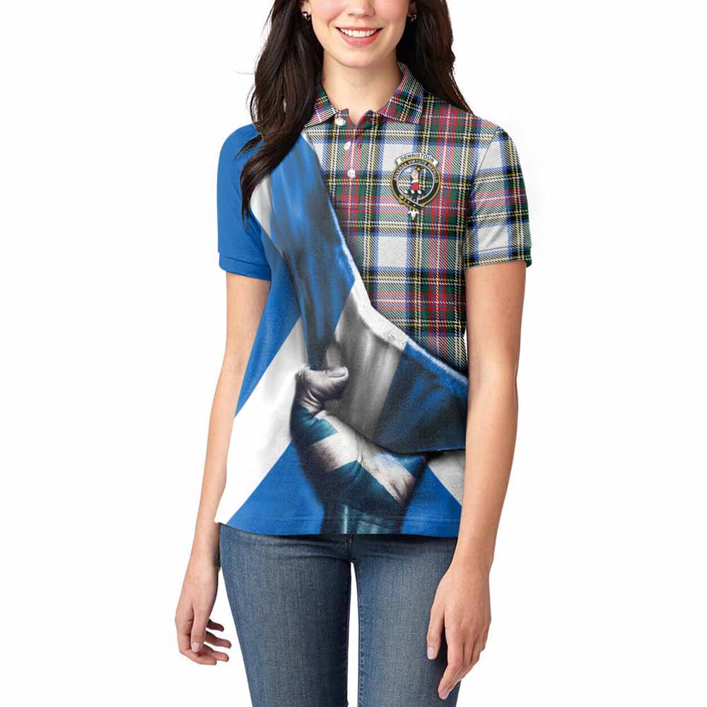 Tartan Vibes Clothing Dennistoun Tartan Women's Polo Shirt with Family Crest Scotland Patriotic Style