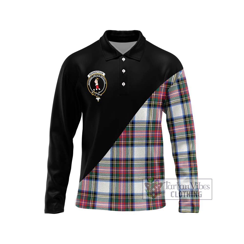 Dennistoun Tartan Long Sleeve Polo Shirt with Family Crest and Military Logo Style Unisex - Tartanvibesclothing Shop