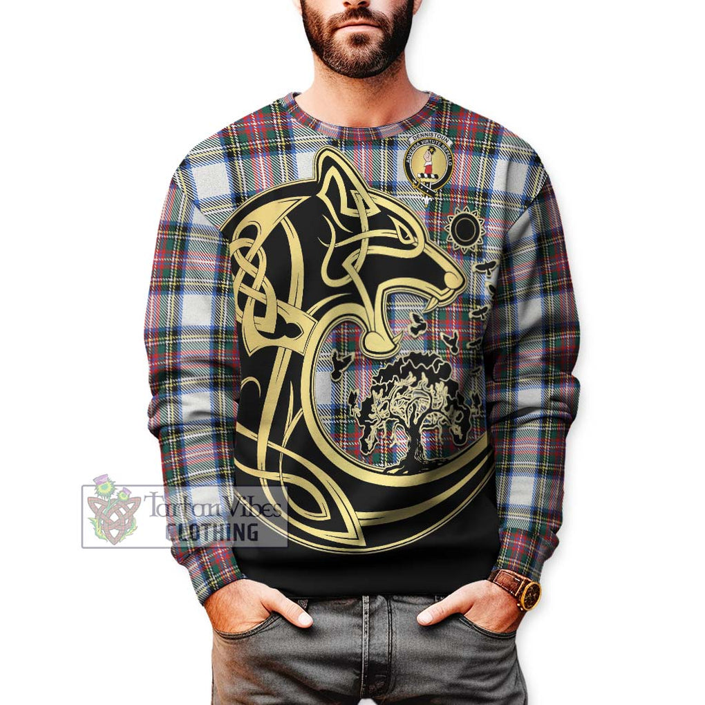 Dennistoun Tartan Sweatshirt with Family Crest Celtic Wolf Style Unisex - Tartan Vibes Clothing