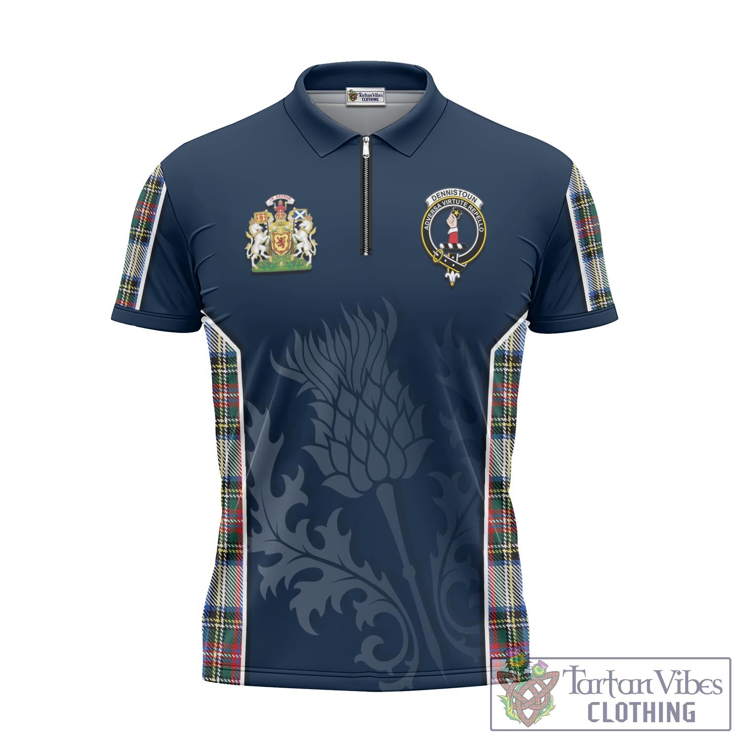 Tartan Vibes Clothing Dennistoun Tartan Zipper Polo Shirt with Family Crest and Scottish Thistle Vibes Sport Style