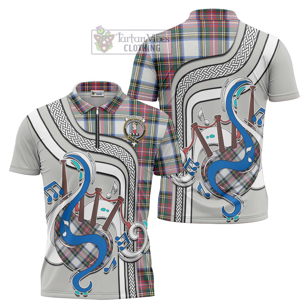 Dennistoun Tartan Zipper Polo Shirt with Epic Bagpipe Style Unisex - Tartanvibesclothing Shop