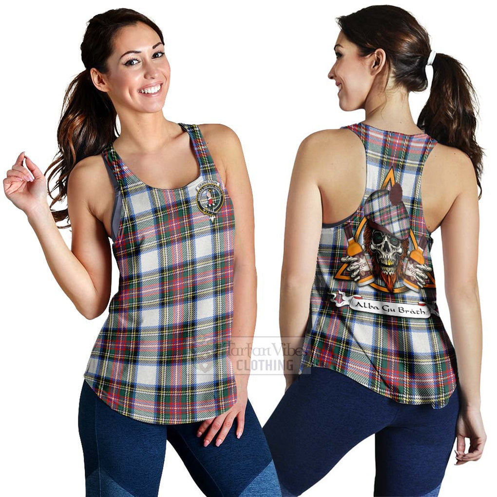 Tartan Vibes Clothing Dennistoun Tartan Women's Racerback Tanks with Family Crest and Bearded Skull Holding Bottles of Whiskey