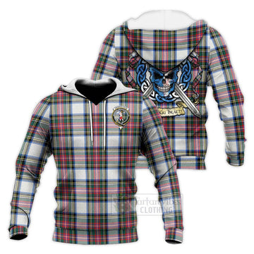 Dennistoun Tartan Knitted Hoodie with Family Crest Celtic Skull Style