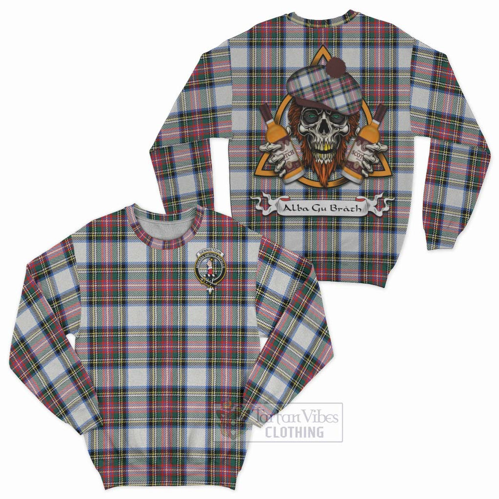 Tartan Vibes Clothing Dennistoun Tartan Sweatshirt with Family Crest and Bearded Skull Holding Bottles of Whiskey