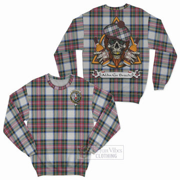 Dennistoun Tartan Sweatshirt with Family Crest and Bearded Skull Holding Bottles of Whiskey