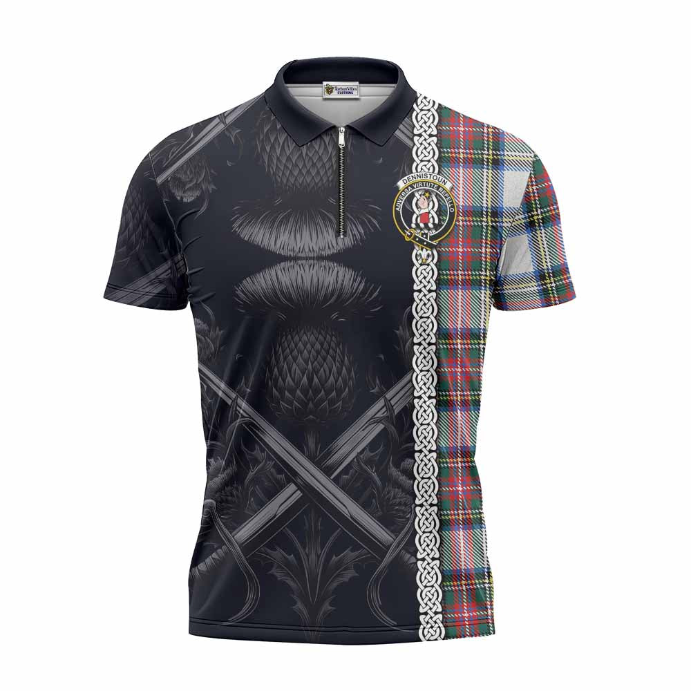 Tartan Vibes Clothing Dennistoun Tartan Zipper Polo Shirt with Family Crest Cross Sword Thistle Celtic Vibes