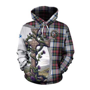 Dennistoun Tartan Cotton Hoodie with Family Crest and St. Andrew's Cross Accented by Thistle Vines Pullover Hoodie XS - Tartan Vibes Clothing
