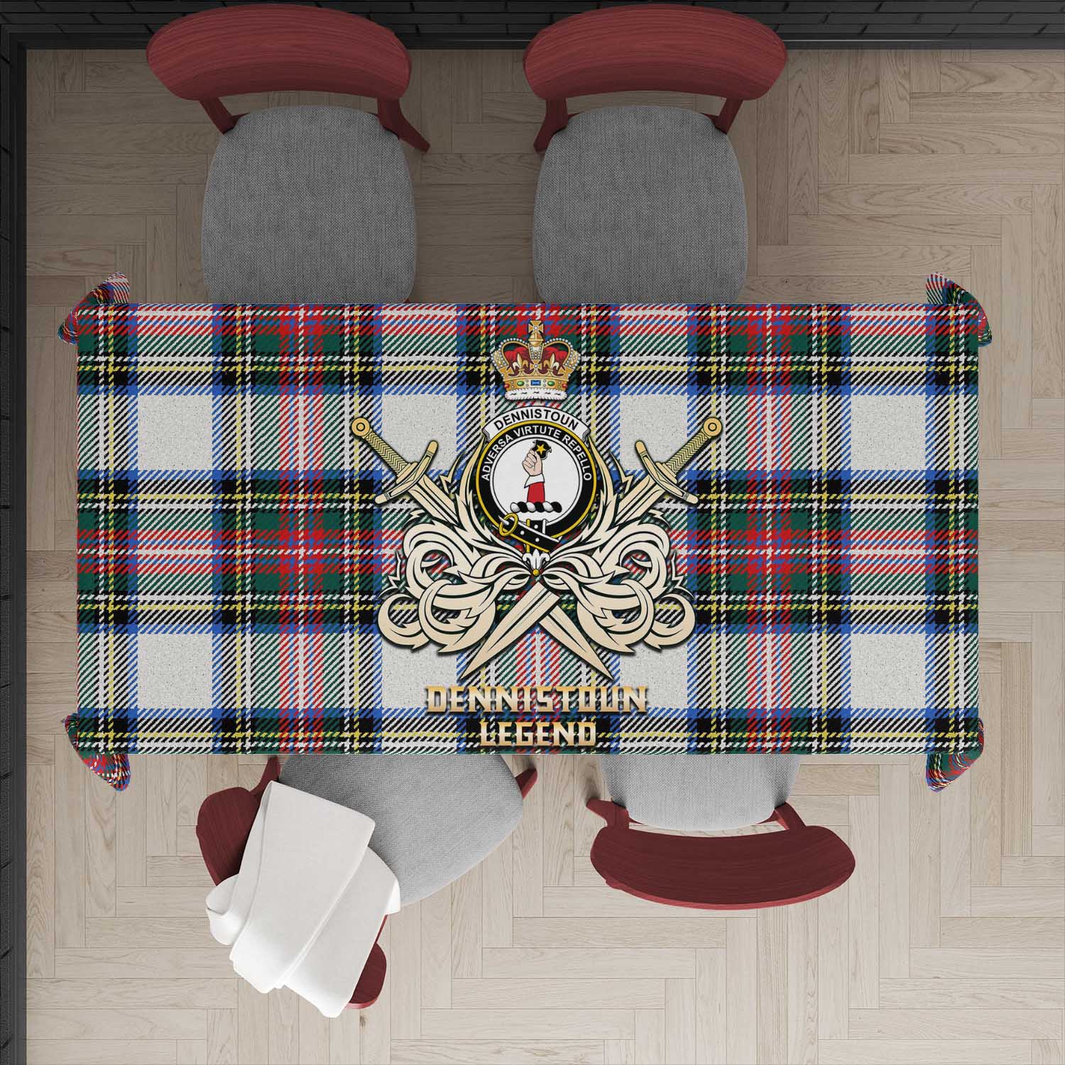 Tartan Vibes Clothing Dennistoun Tartan Tablecloth with Clan Crest and the Golden Sword of Courageous Legacy