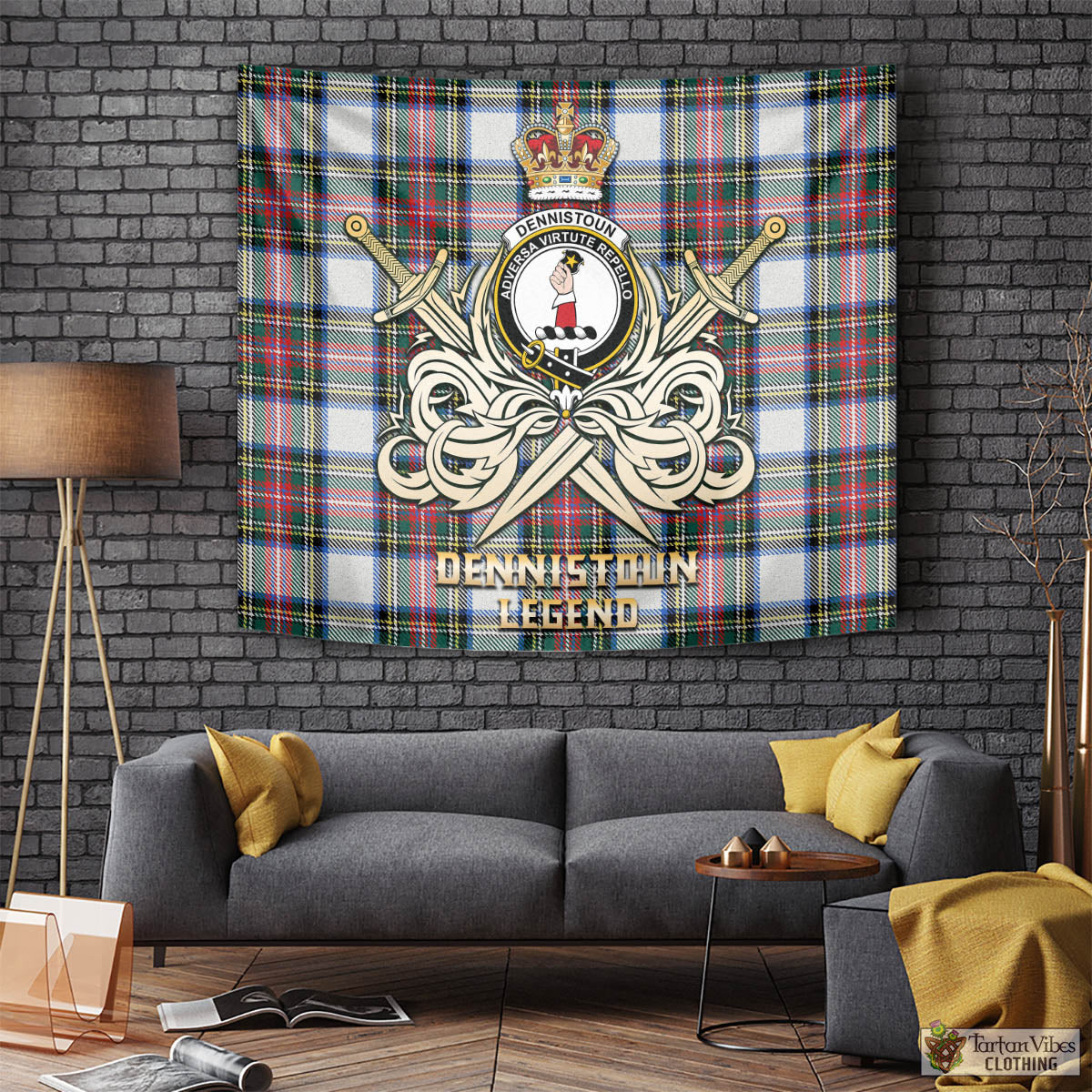 Tartan Vibes Clothing Dennistoun Tartan Tapestry with Clan Crest and the Golden Sword of Courageous Legacy