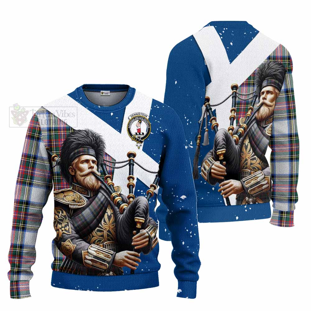 Tartan Vibes Clothing Dennistoun Tartan Knitted Sweater with Family Crest Scottish Bagpiper Vibes