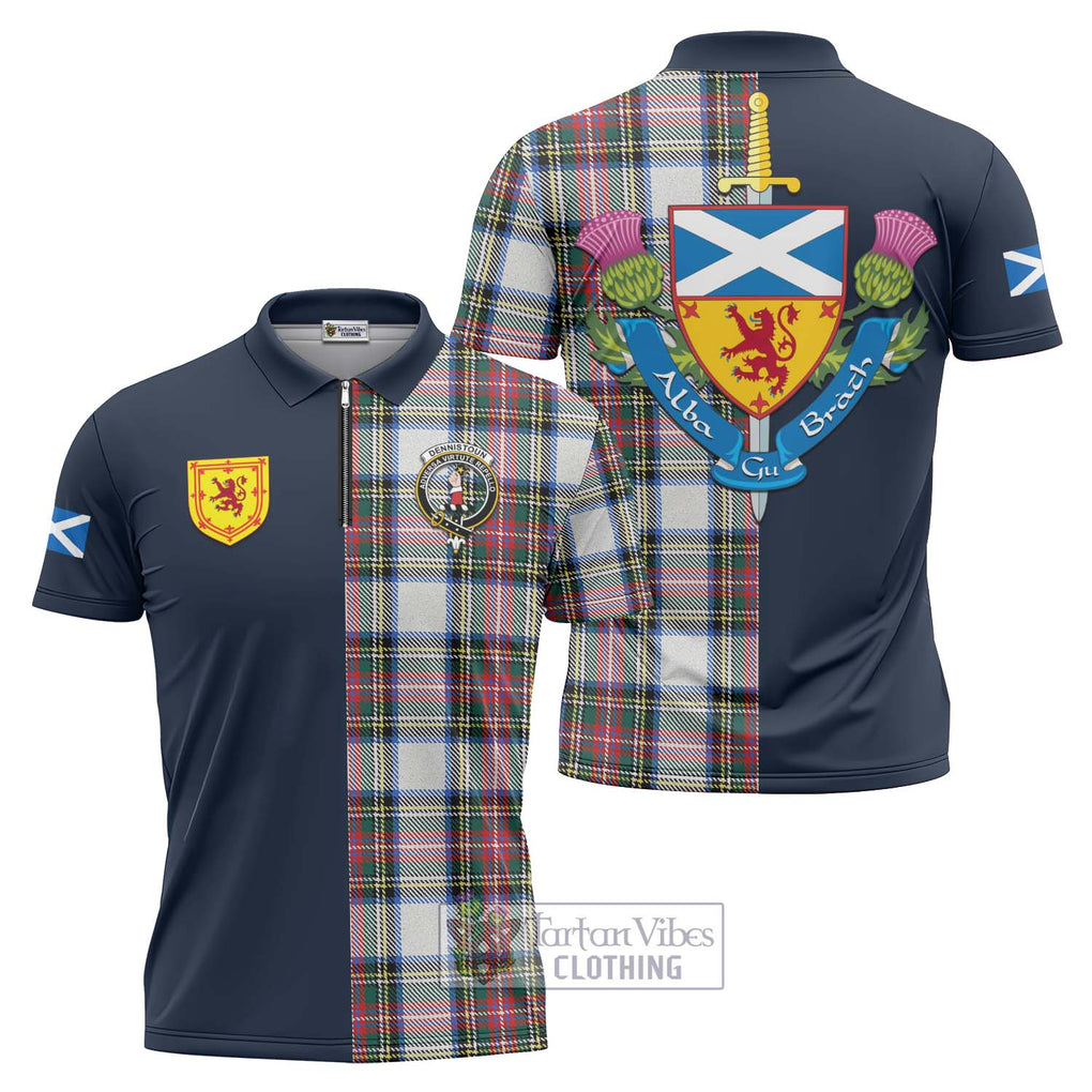 Tartan Vibes Clothing Dennistoun Tartan Zipper Polo Shirt with Scottish Lion Royal Arm Half Style