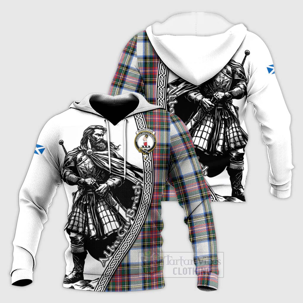 Tartan Vibes Clothing Dennistoun Tartan Clan Crest Knitted Hoodie with Highlander Warrior Celtic Style