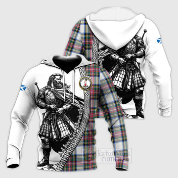 Dennistoun Tartan Clan Crest Knitted Hoodie with Highlander Warrior Celtic Style