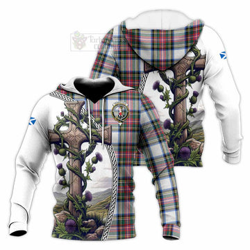 Dennistoun Tartan Knitted Hoodie with Family Crest and St. Andrew's Cross Accented by Thistle Vines Unisex Knitted Pullover Hoodie - Tartan Vibes Clothing