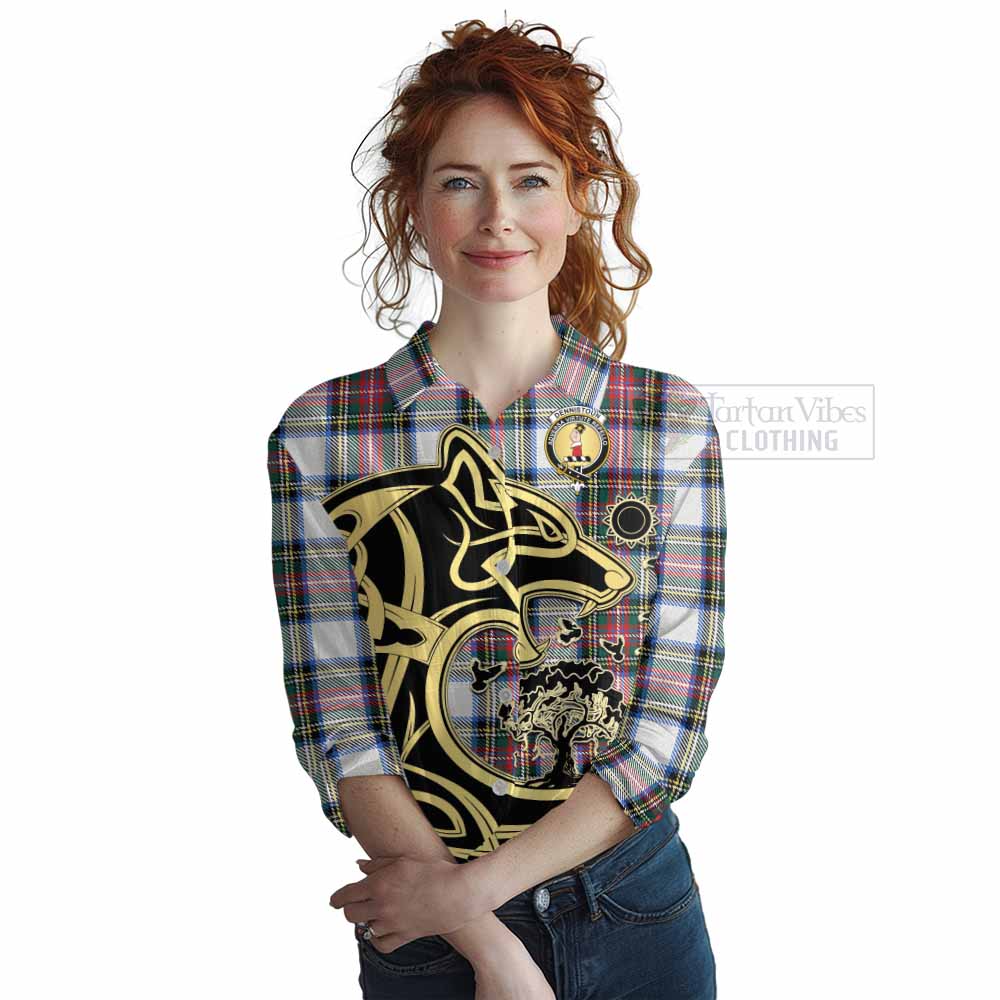 Tartan Vibes Clothing Dennistoun Tartan Women's Casual Shirt with Family Crest Celtic Wolf Style