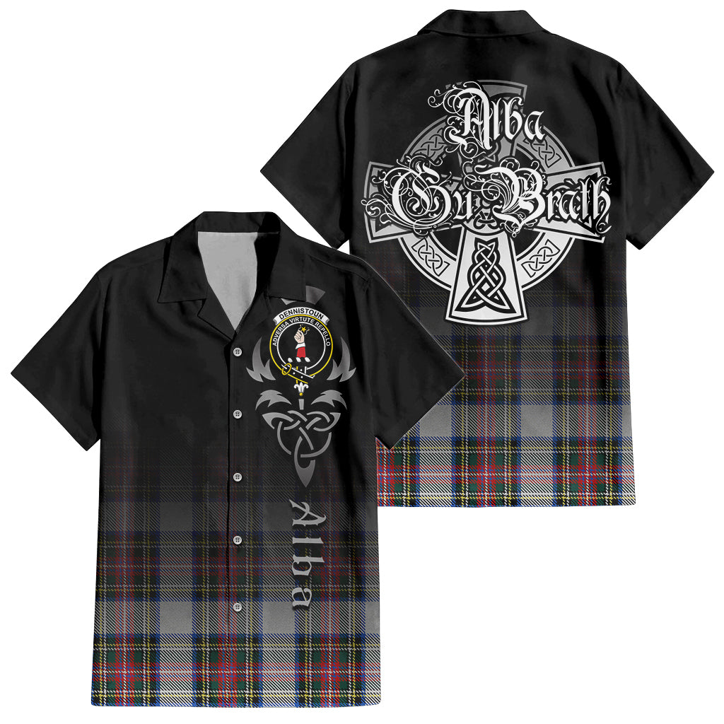 Tartan Vibes Clothing Dennistoun Tartan Short Sleeve Button Up Featuring Alba Gu Brath Family Crest Celtic Inspired