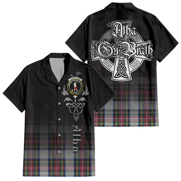 Dennistoun Tartan Short Sleeve Button Up Shirt Featuring Alba Gu Brath Family Crest Celtic Inspired