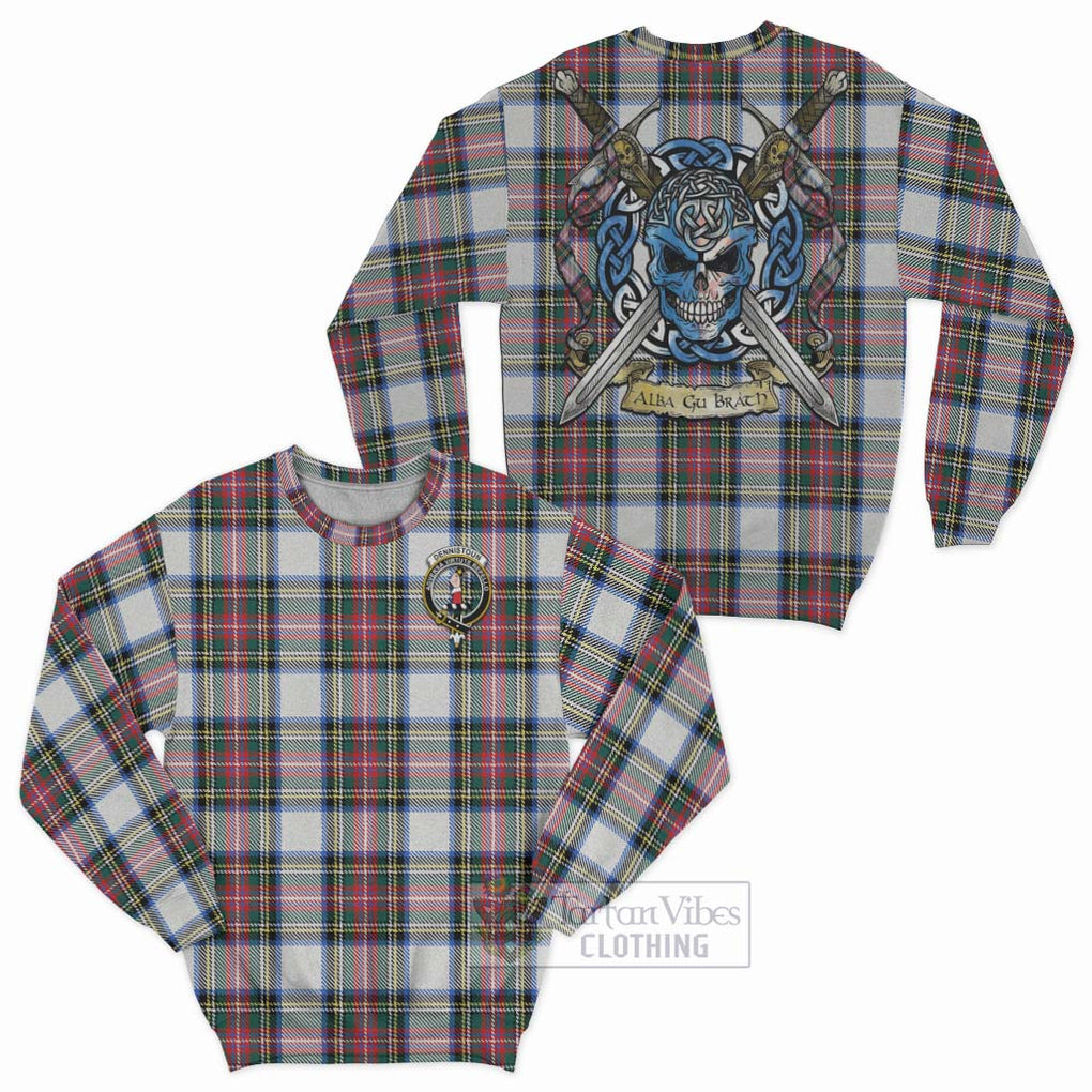 Tartan Vibes Clothing Dennistoun Tartan Sweatshirt with Family Crest Celtic Skull Style