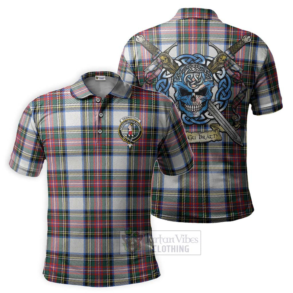 Tartan Vibes Clothing Dennistoun Tartan Polo Shirt with Family Crest Celtic Skull Style