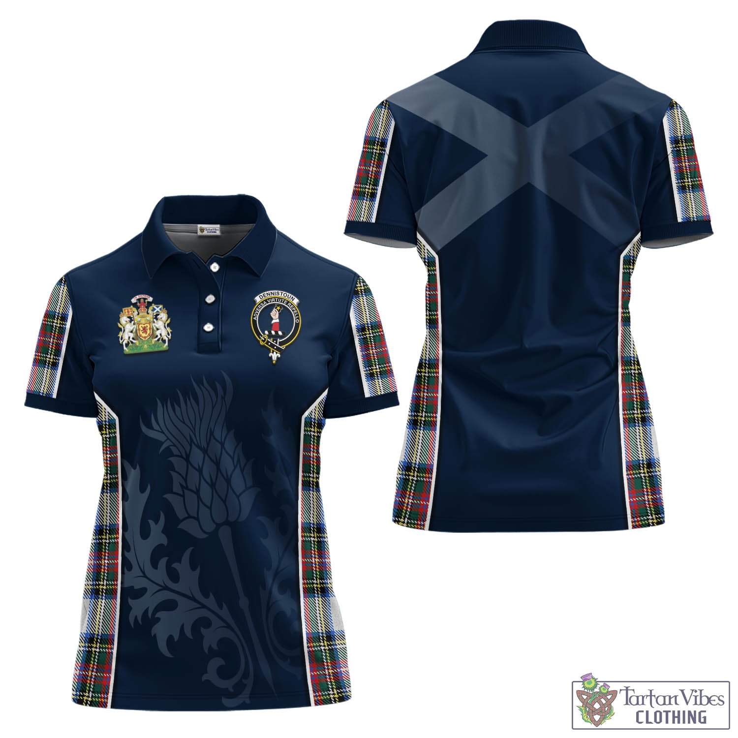 Tartan Vibes Clothing Dennistoun Tartan Women's Polo Shirt with Family Crest and Scottish Thistle Vibes Sport Style