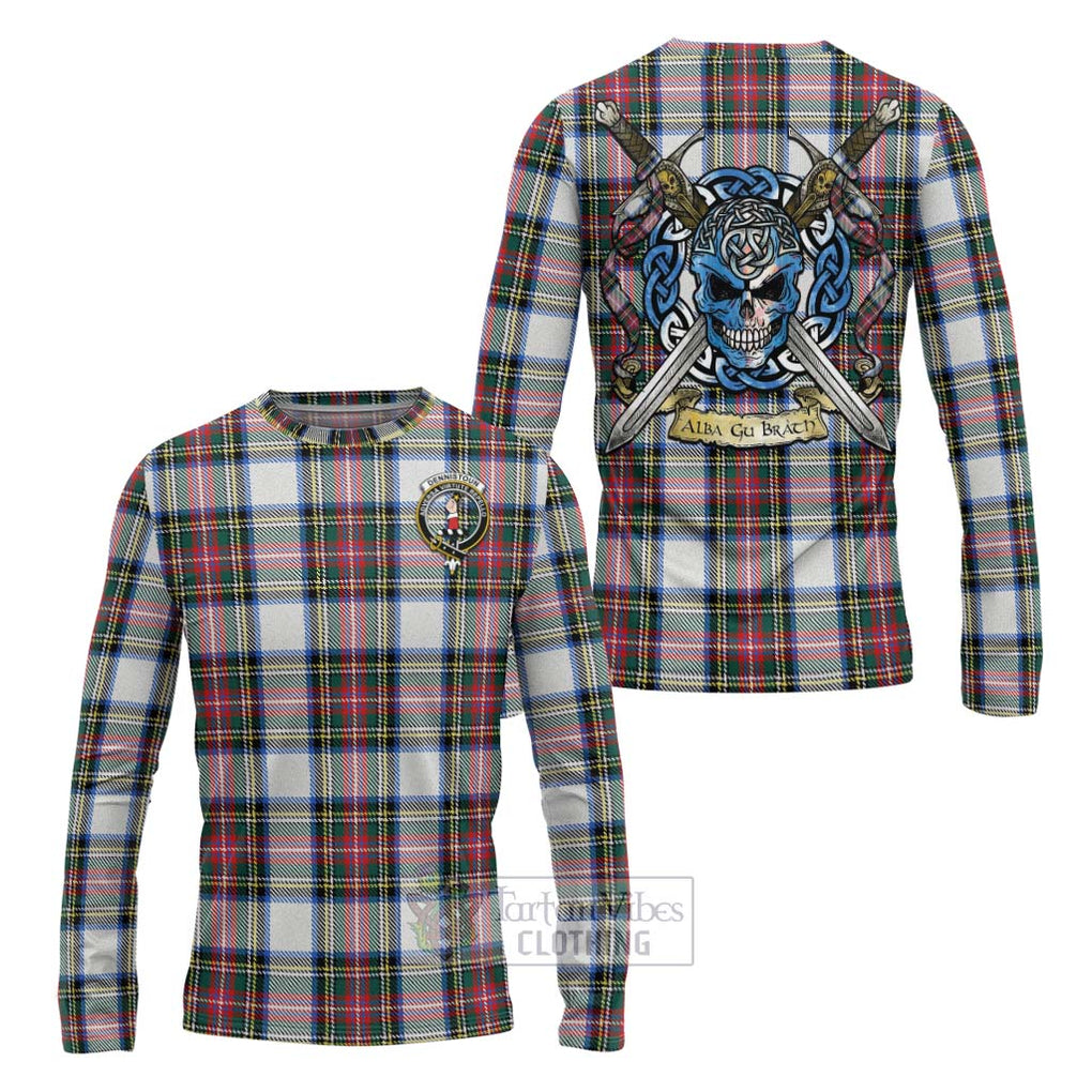 Tartan Vibes Clothing Dennistoun Tartan Long Sleeve T-Shirt with Family Crest Celtic Skull Style