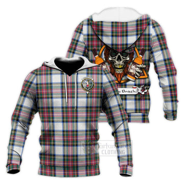 Dennistoun Tartan Knitted Hoodie with Family Crest and Bearded Skull Holding Bottles of Whiskey