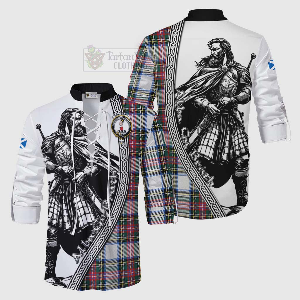 Tartan Vibes Clothing Dennistoun Tartan Clan Crest Ghillie Kilt Shirt with Highlander Warrior Celtic Style