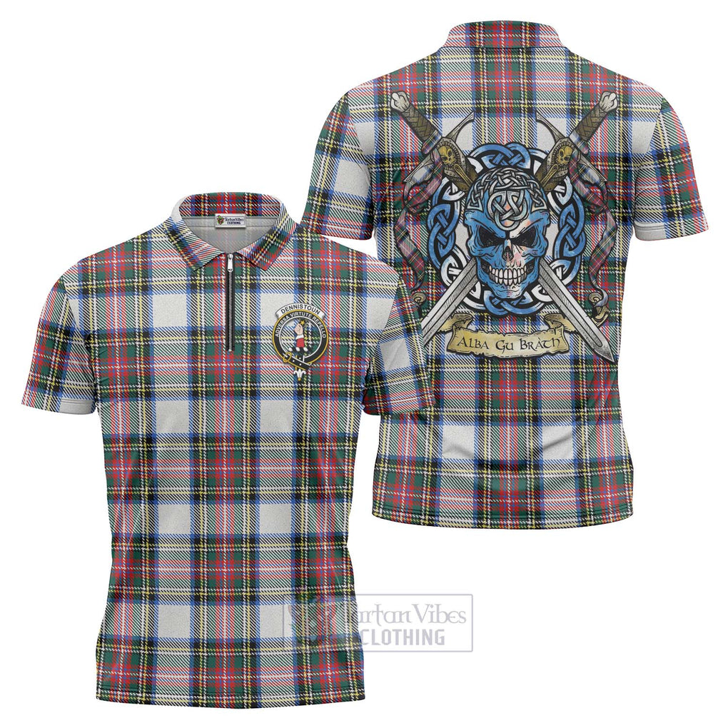 Tartan Vibes Clothing Dennistoun Tartan Zipper Polo Shirt with Family Crest Celtic Skull Style