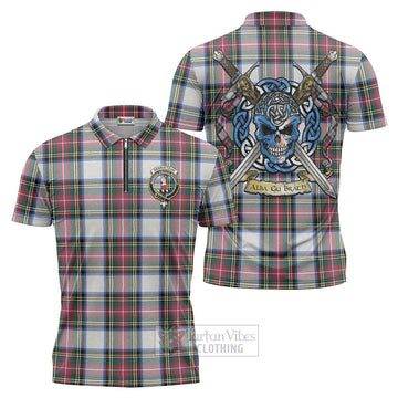 Dennistoun Tartan Zipper Polo Shirt with Family Crest Celtic Skull Style