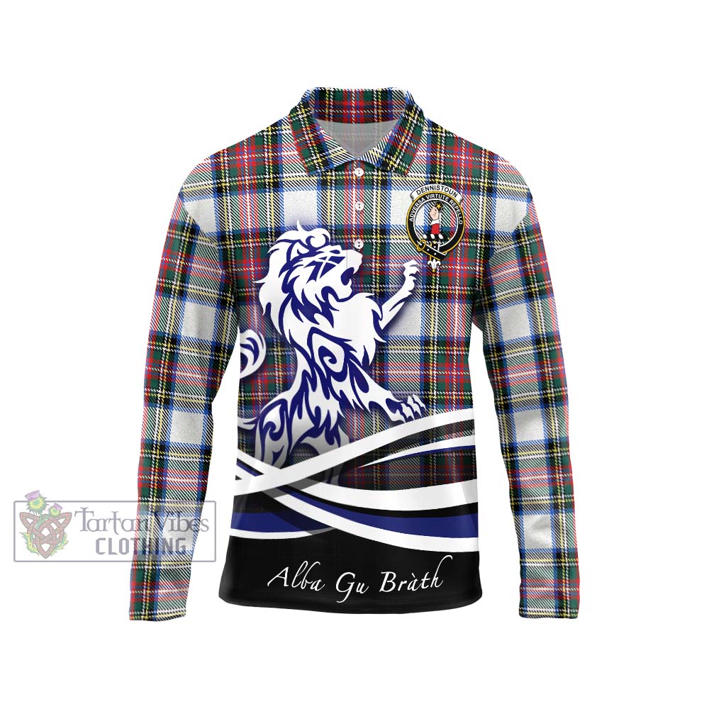 Dennistoun Tartan Long Sleeve Polo Shirt with Alba Gu Brath Regal Lion Emblem Unisex - Tartanvibesclothing Shop