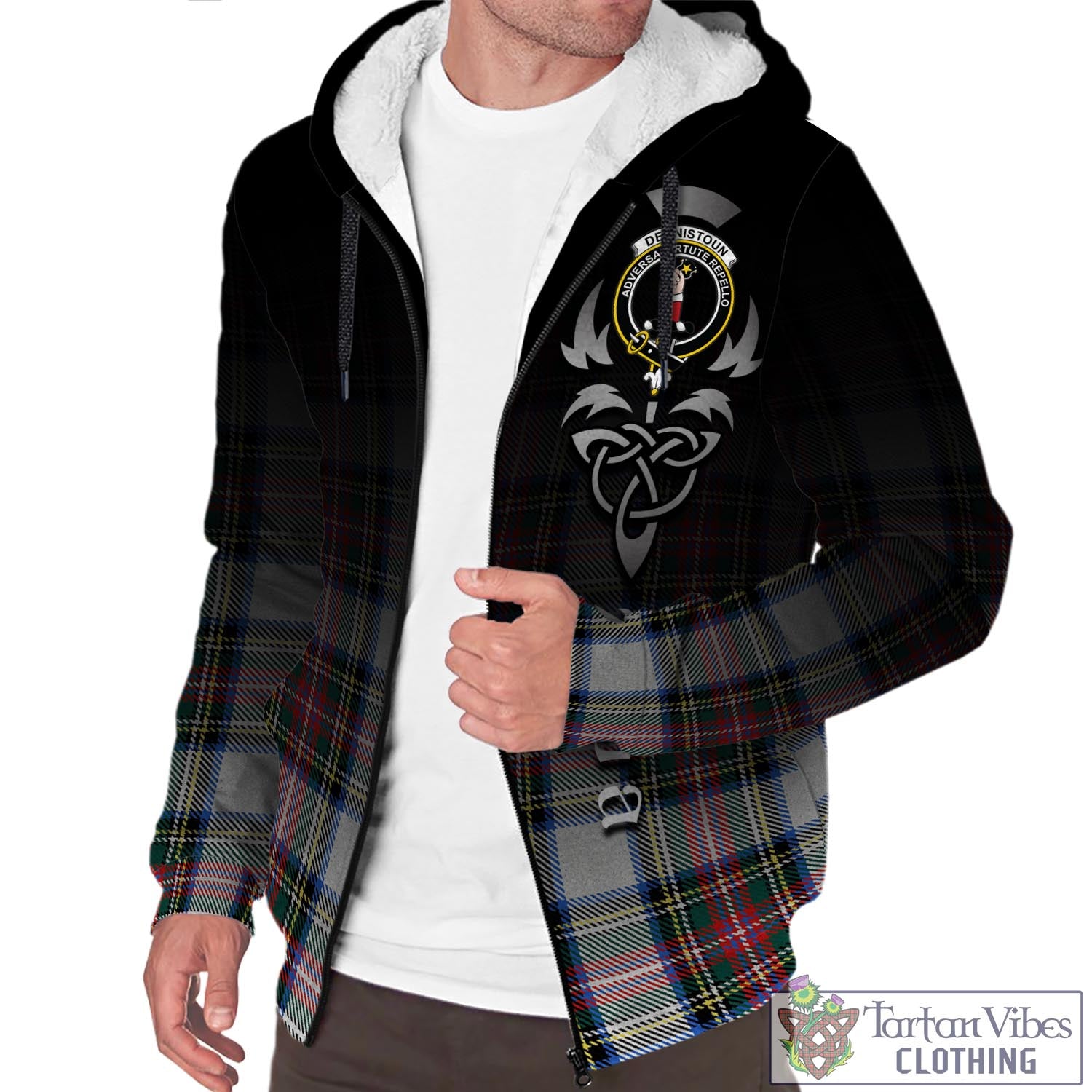 Tartan Vibes Clothing Dennistoun Tartan Sherpa Hoodie Featuring Alba Gu Brath Family Crest Celtic Inspired